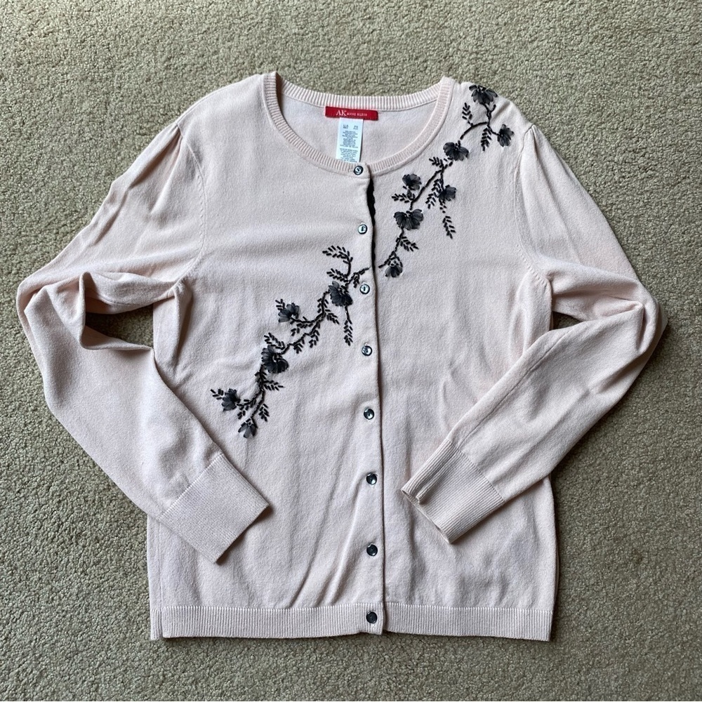 Anne Klein Cardigan Sweater Set Tank Top Pink Black Floral Office Casual Winter